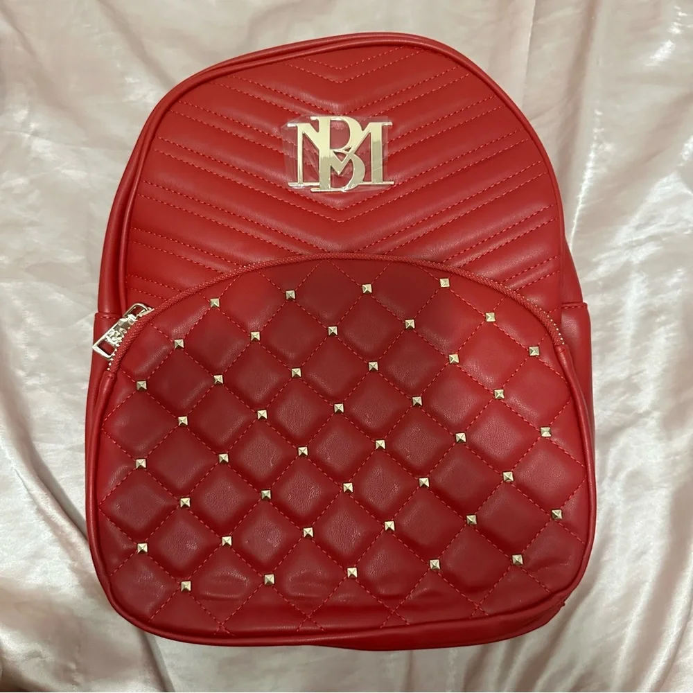 Badgley Mischka Bright Red Vegan Leather Gold Studded Backpack NWT